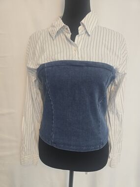 dolan White Striped Button-Down with Denim Blue Bustier Overlay